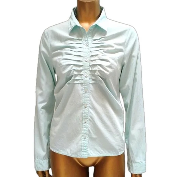 Hugo Boss Vintage Pleated Front Long Sleeve Button Up Blouse Pale Blue/Green - Picture 2 of 10
